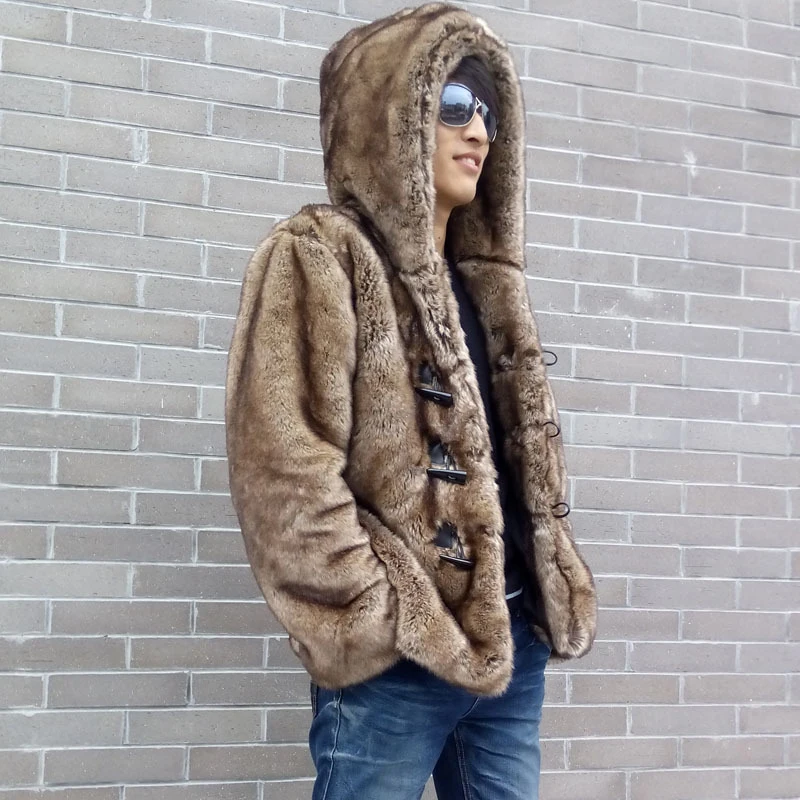 Mink Fur Jacket Man Winter Thick Warm Hooded Fluffy Jacket Horn Buttons Faux Fur Coats and Jackets Mens Winter Outerwear 2023