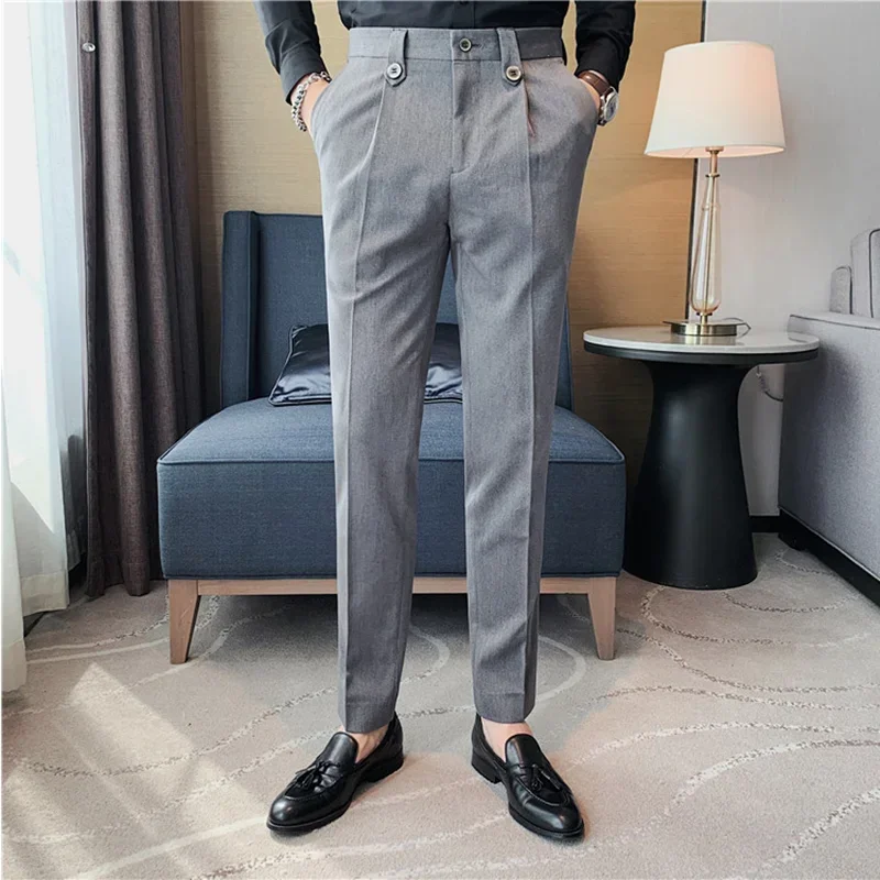 British Style Autumn New Solid High Quality Dress Pant Men Slim Fit Casual Office Trousers Formal Social Wedding Party Suit Pant