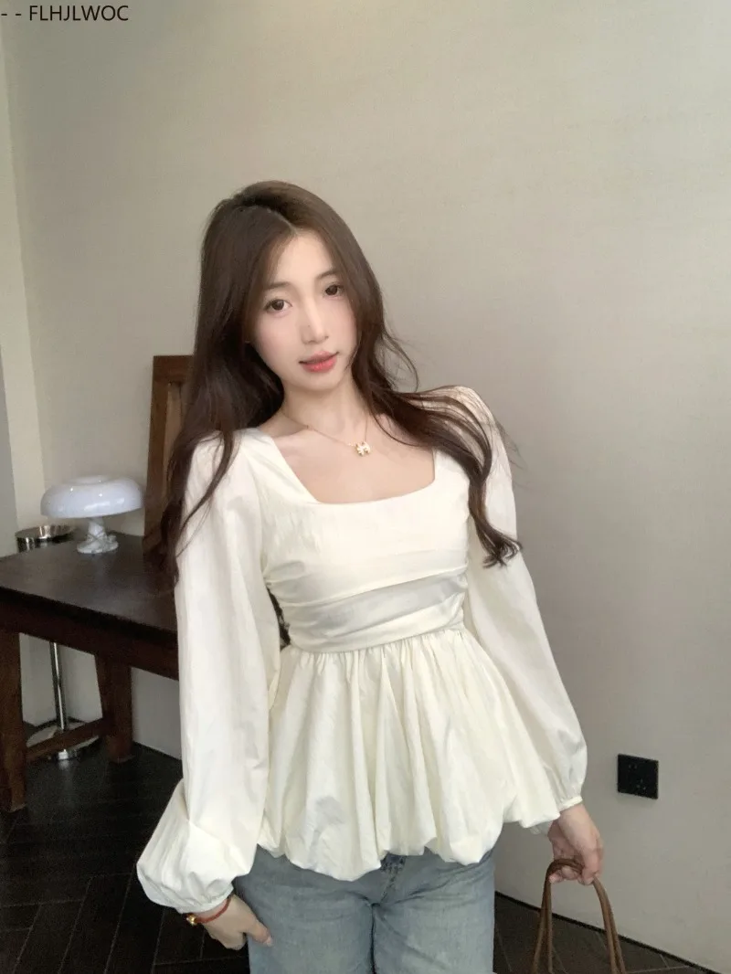 Belly Tunic Peplum Tops Blouses New Design Women Long Sleeve Casual Chic Korea Slim Fitted Black White Basics Shirts