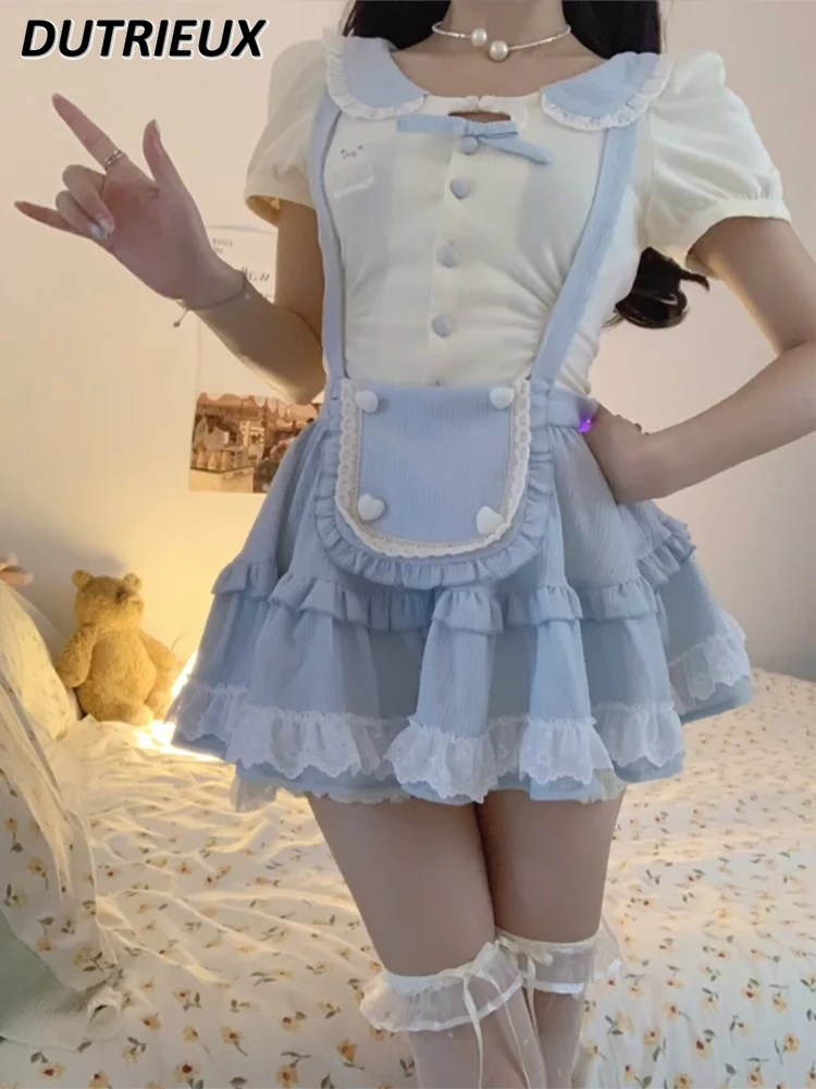 violence cos maid costume lolita pettiskirt daily boneless fishbone crinoline short slip dress performance dress pannier Sweet Design Cute Doll Collar Shirt Top Women Blouse 2023 Summer Lolita Ruffled Suspender Skirt Short Pettiskirt Girls Skirt Set