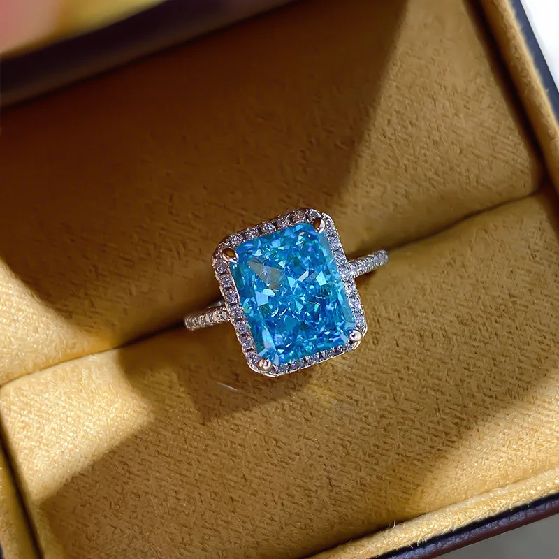 

Megin D S925 Sterling Silver Square Blue Stone Luxury Crystal Vintage Boho Rings for Women Wedding Couple Friends Gift Jewelry