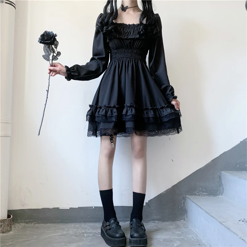 Japanese Lolita Style Women Princess Black Mini Dress Slash Neck High Waist Gothic Dress Puff Sleeve Lace Ruffles Party Dresses corset dress
