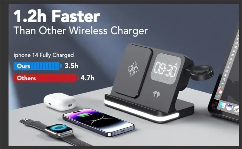 6 in 1 LED Fast Wireless Charger Stand Charging Station Clock Alarm For iPhone 15 14 13 12 11 Apple Watch 2-9 Series Airpods Pro