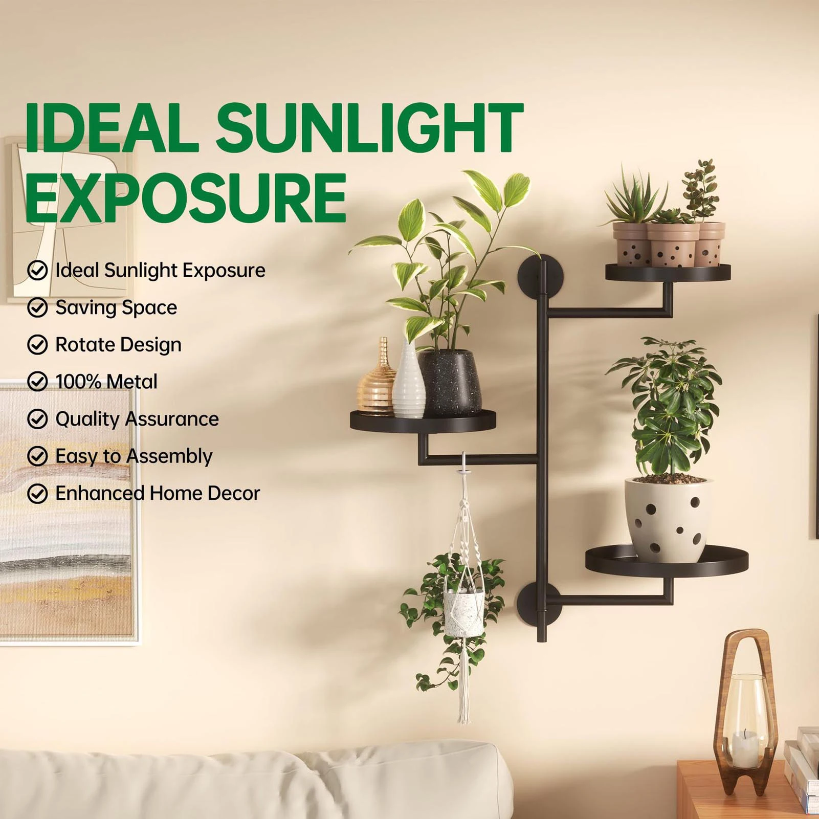 Rotating Window Wall Plant Shelves Stand Iron Versatile Easy To Assemble 3 Tiered Floating Plant Shelf Sturdy for Living Room