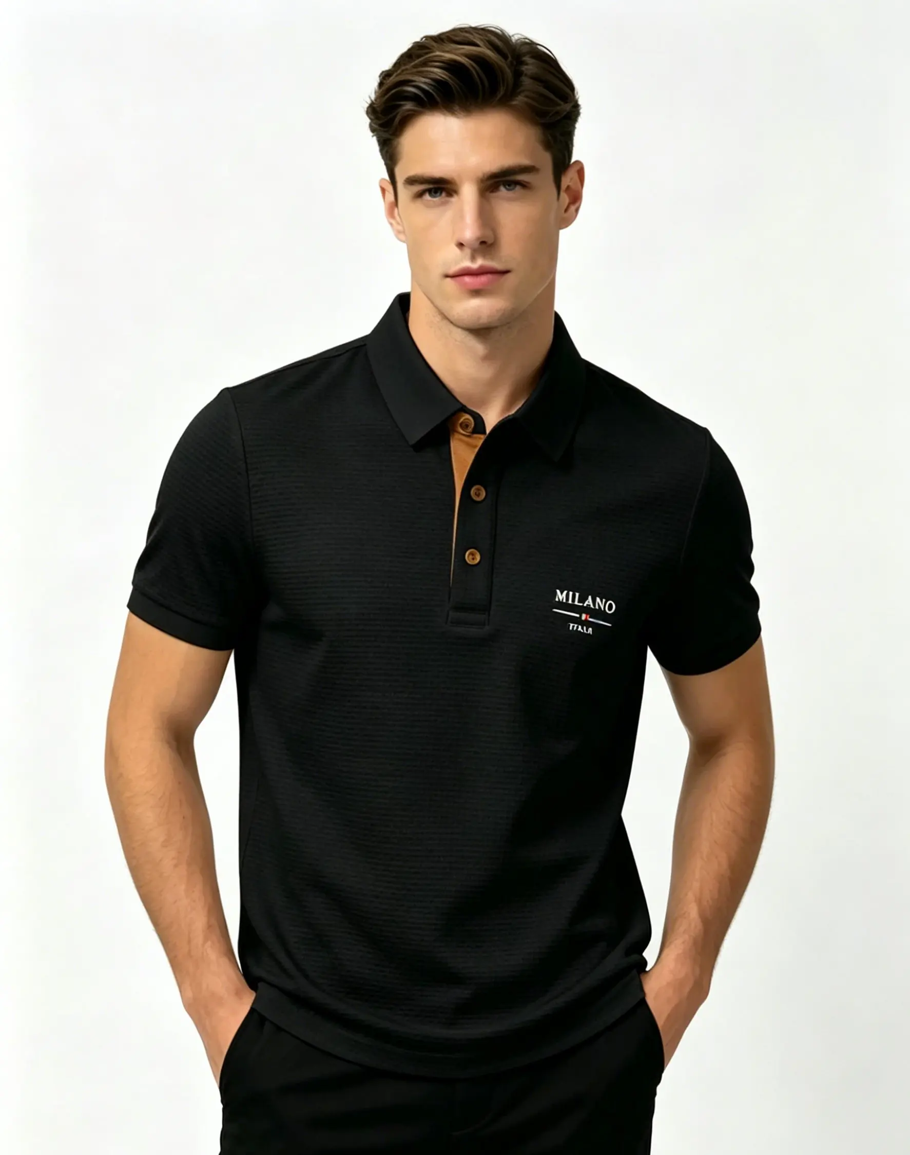 Polo da Uomo Milano Italia con Lettere Jacquard, Tessuto Traspirante ad Asciugatura Rapida, Casual Business per Esterni e Uso Quotidiano, Manica Corta - immagine 5