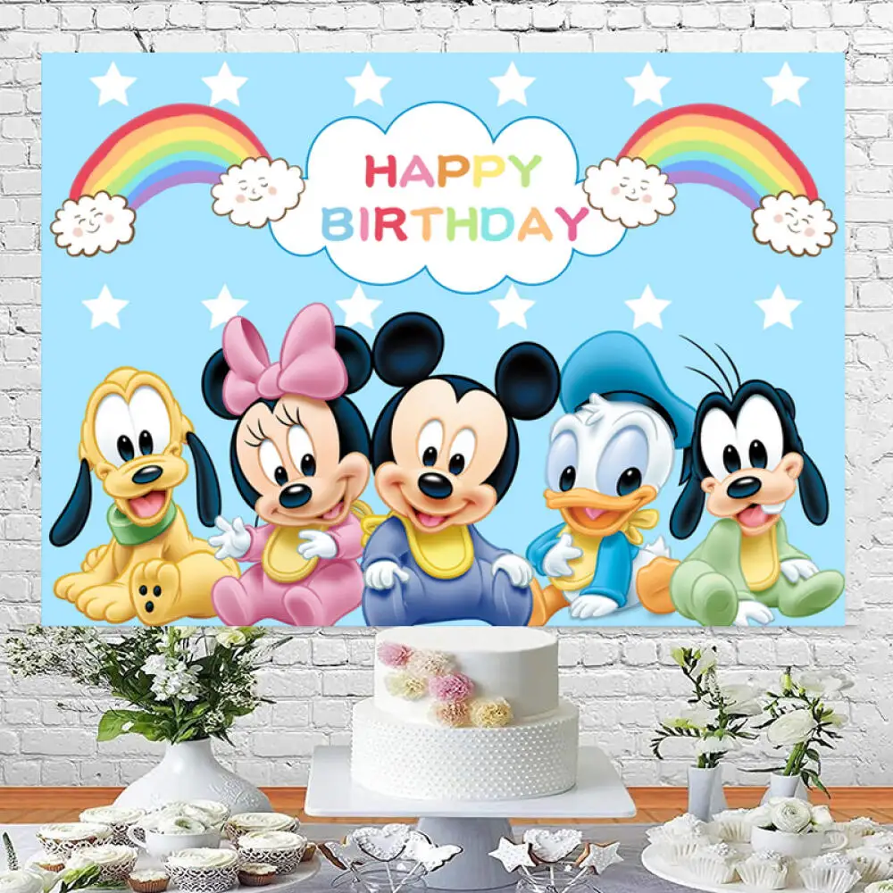 Birthday Backdrop Disney Cartoon Mickey Minnie Mouse Theme Children Happy Birthday Baby Shower Gender Revealing Photography Banner 1set