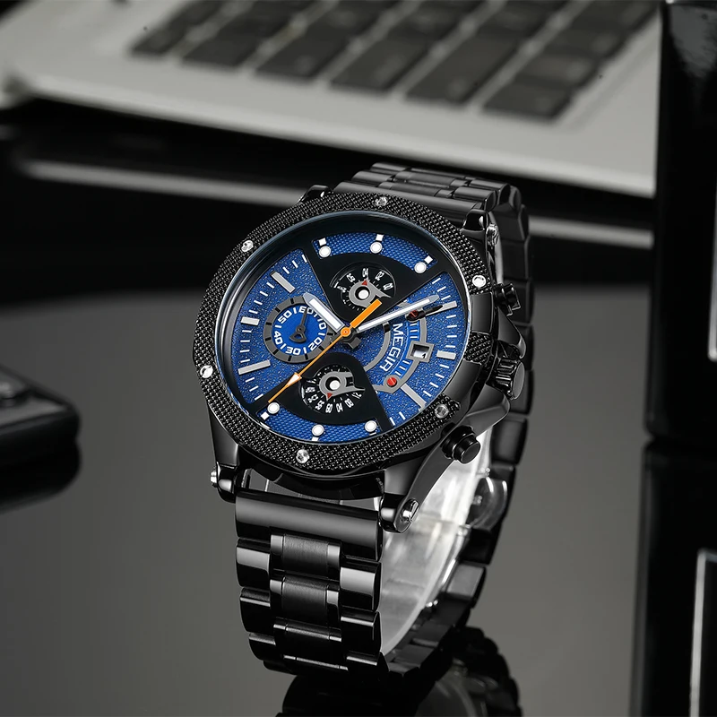 MEGIR Quartz Watch for Men TOP Brand Waterproof Sports Stainless Steel Chronograph Fashion Luxury Wristwatches Relogio Masculino