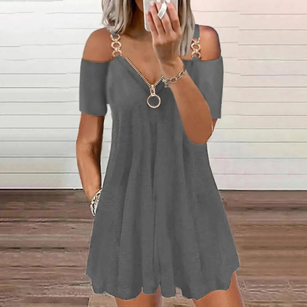 Plus Size Zipper V-Neck Short Sleeve Metal Shoulder Strap Pleated Hem A-Line Mini Dress Women Casual Cold Shoulder Swing Dress 4