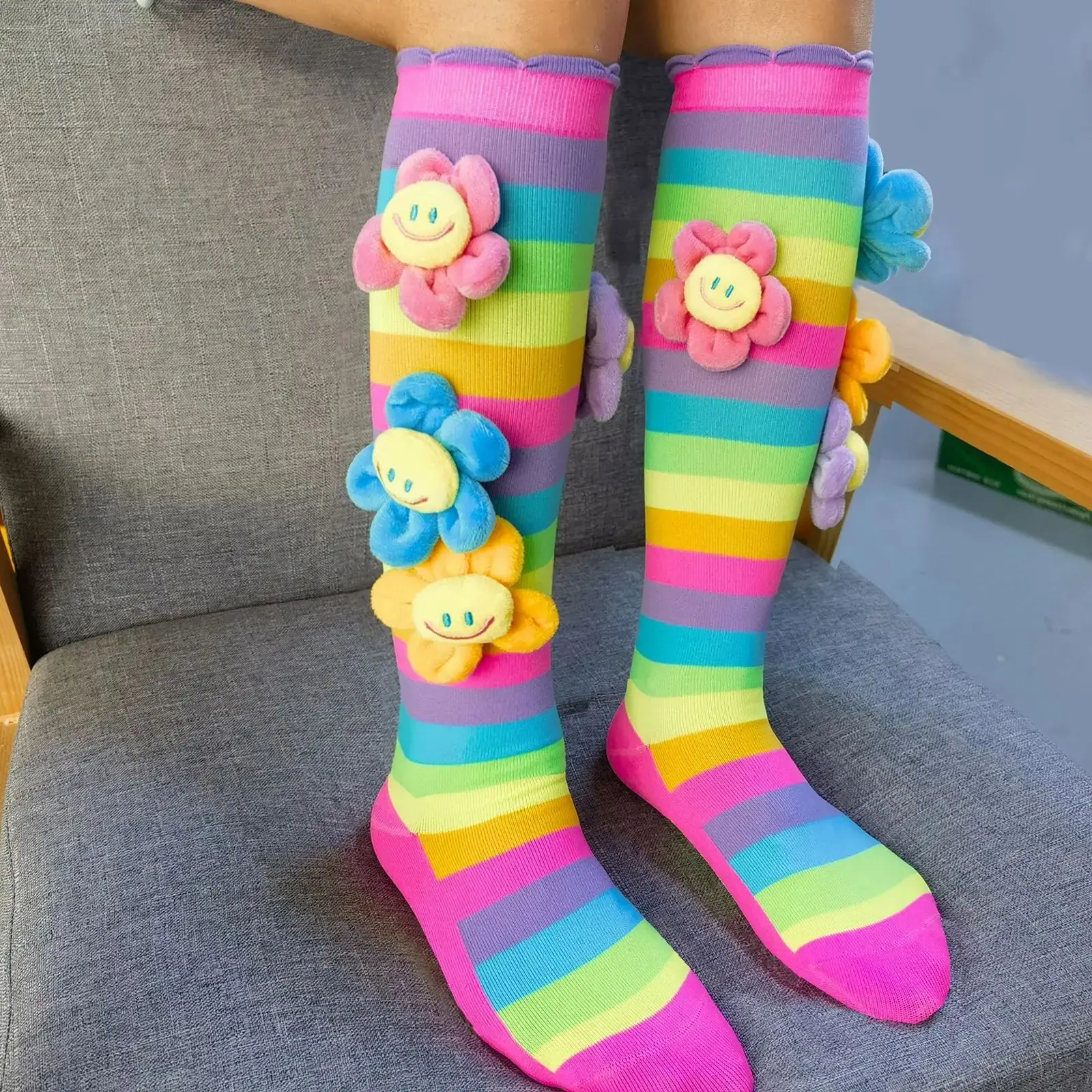 Rainbow Striped Tights for Girls Flower Appliques Children Stockings knit Long 7-12 Years children tights