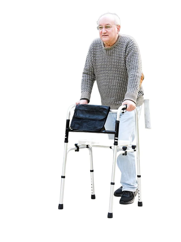 Elderly walker Assisted walker Lightweight folding four-legged walking stick with wheel and seat