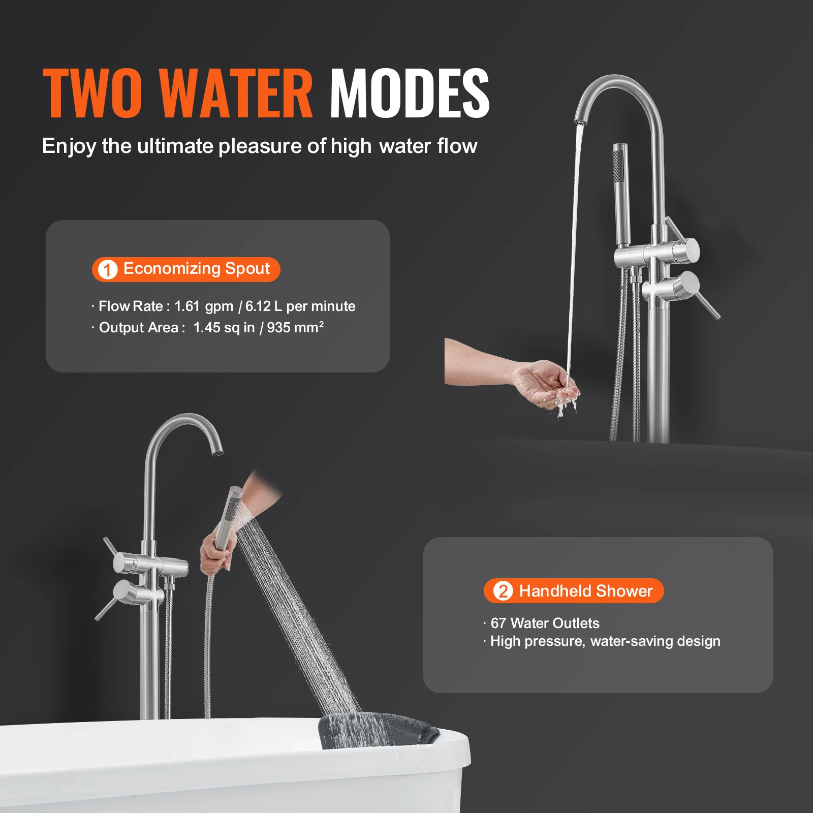 VEVOR Freestanding Bathtub Faucet Floor Mount Shower Mixer Taps For Bathing Showering Pet Cleaning Drains Toilet Flushing 4