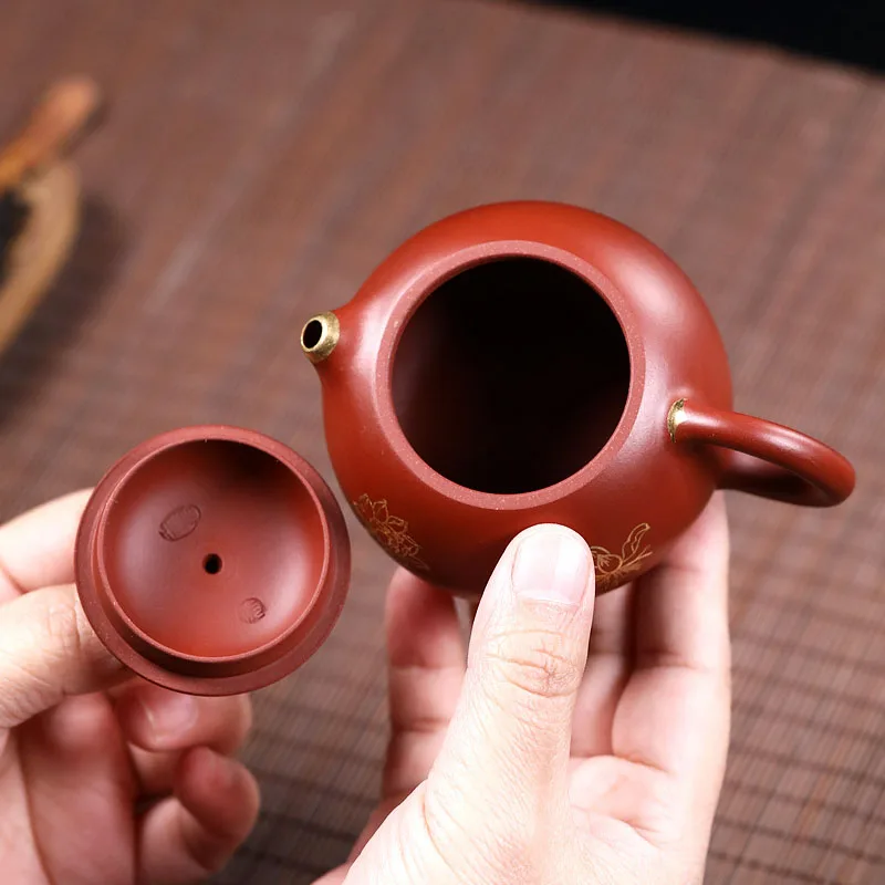 Chinese Style Lotus Pattern Xishi Teapot , Purple Clay Raw ore Dahongpao, Kung Fu Household, Pure Handmade, 120cc, Tea Pots, 1Pc