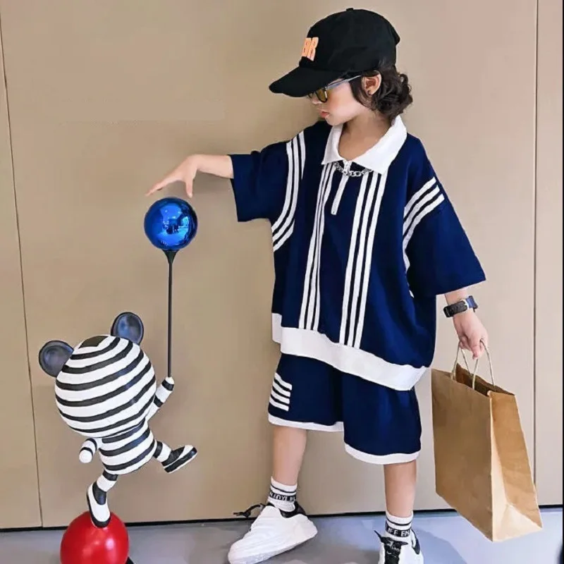 

Summer Boys Cotton Loose Striped Half Zip t-Shirt Tops+Shorts Pant Suit School Kids Preppy Clothes Sets Children Outfits 5-16Yrs