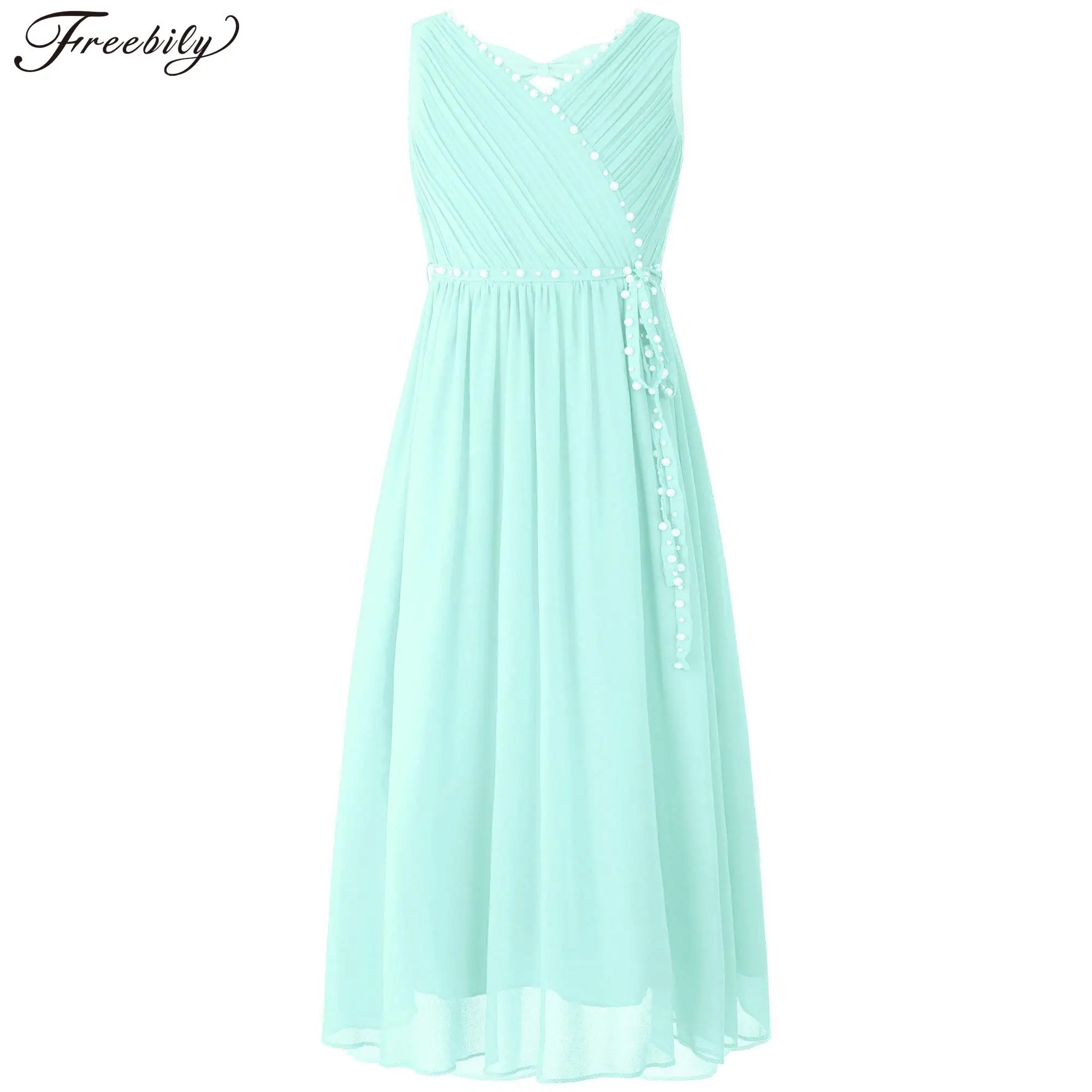 

Kids Girls Wedding Birthday Party Dress Summer Sleeveless Ruched Hollow Out Beaded Chiffon Maxi Dresses with Detachable Sash
