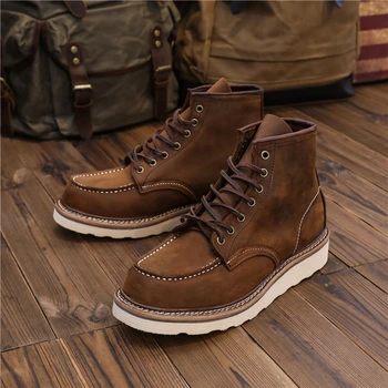 1907 Vintage Unisex Men Shoes Ankle Boots Handmade Autumn Winter Cow Leather Shoes Wings Round Toe Tooling Motorcycle Boots 1