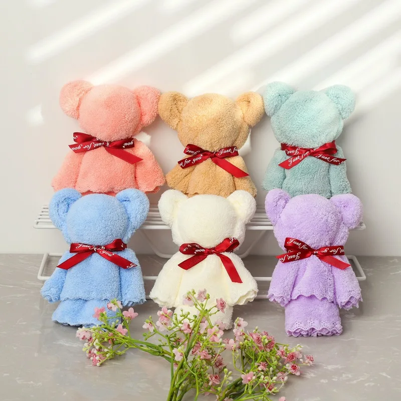 30x30cm Coral Velvet Fleece Bear Hand Towel With Bag Absorbent Face Hand Towel Wedding Business Holiday Gifts Bathroom Towel