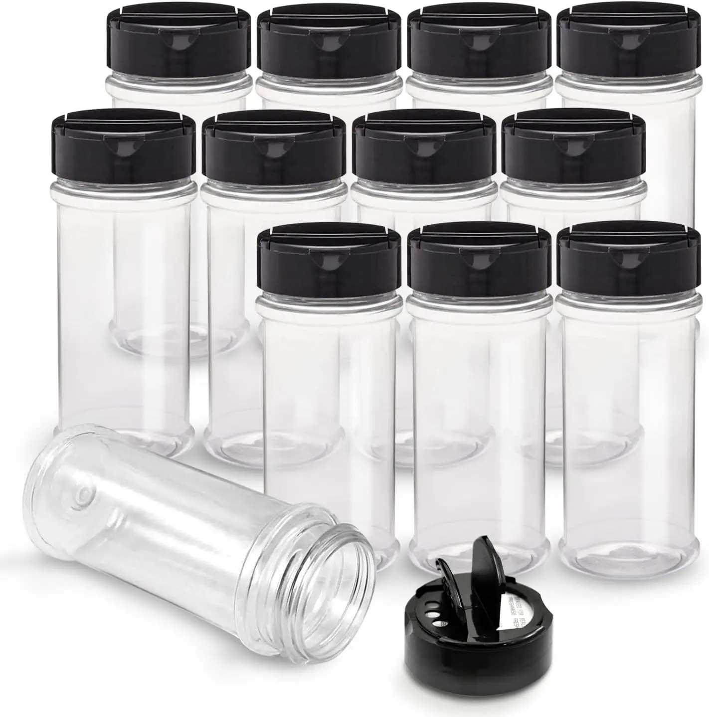 6 Pack 8oz Plastic Spice Jars with Black Cap and Shaker Lids for