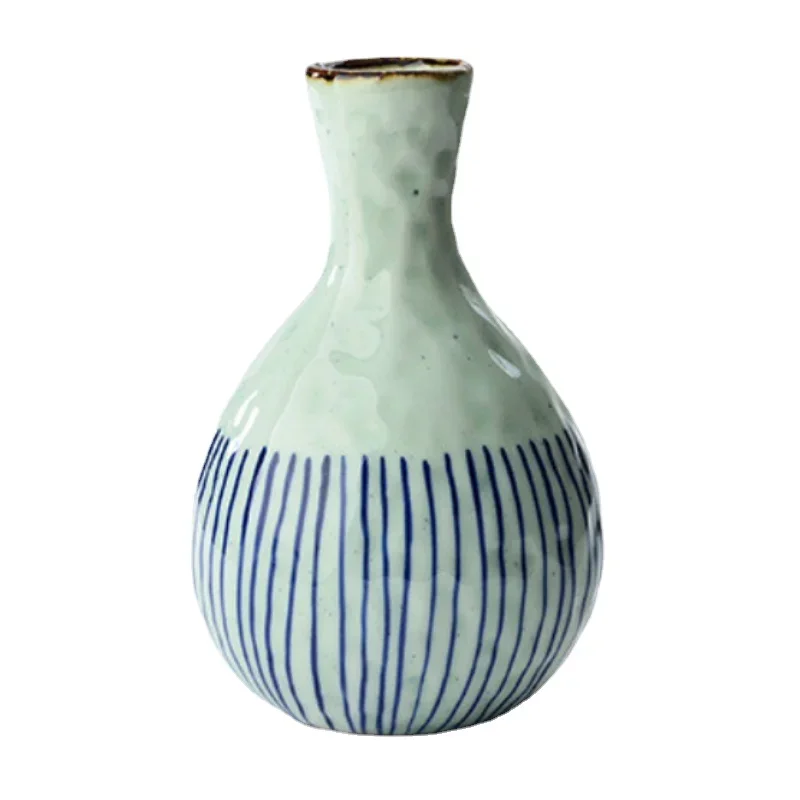 400ml Round Striped Sake Hip Flask Japan Korean Creative Hand-Painted Ceramic Bar Set 1 Pot 2/4 Cups Shochu Drinkware Bottle