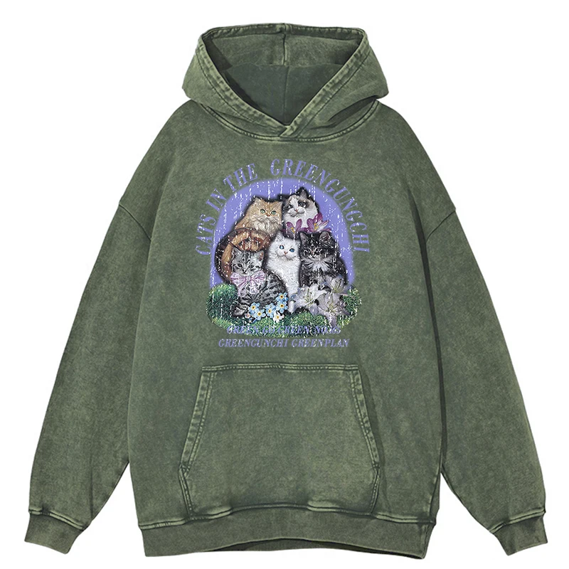 thumbnail image 1 of Sudadera holgada con capucha y diseño de gatos en Greengungchi, estilo retro desgastado, estilo hip hop, para otoño, 100 % algodón, 1 of 5