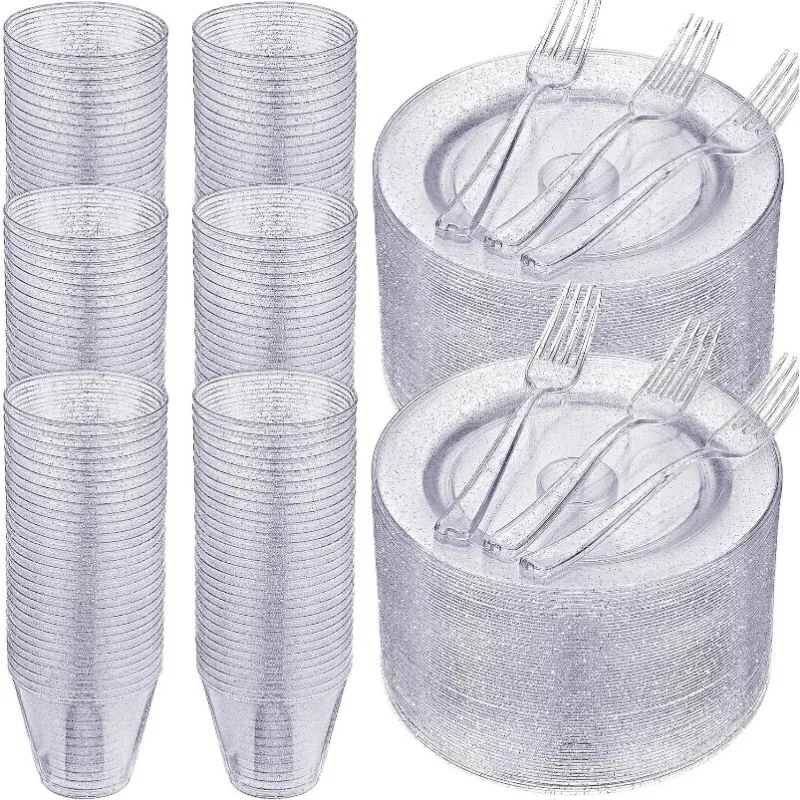 300 Pcs Plastic Dinnerware Set Disposable for Party, Glitter Plates, Cup, Dessert Forks, 100 Guest Disposable Dinnerware Set
