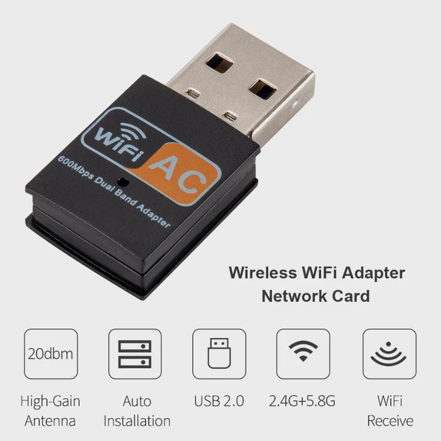 USB WiFi 어댑터 AC 600Mbps USB WiFi 동글 802.11AC 무선 네트워크 어댑터(PC 데스크탑 노트북용 듀얼 밴드 2.4GHz/5Ghz 포함)