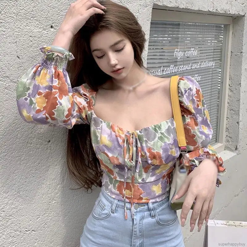 

Women's Puff Sleeve Crop Tops Fashion Square Collar Floral Long Sleeves Chiffon Shirt Blouse Tops