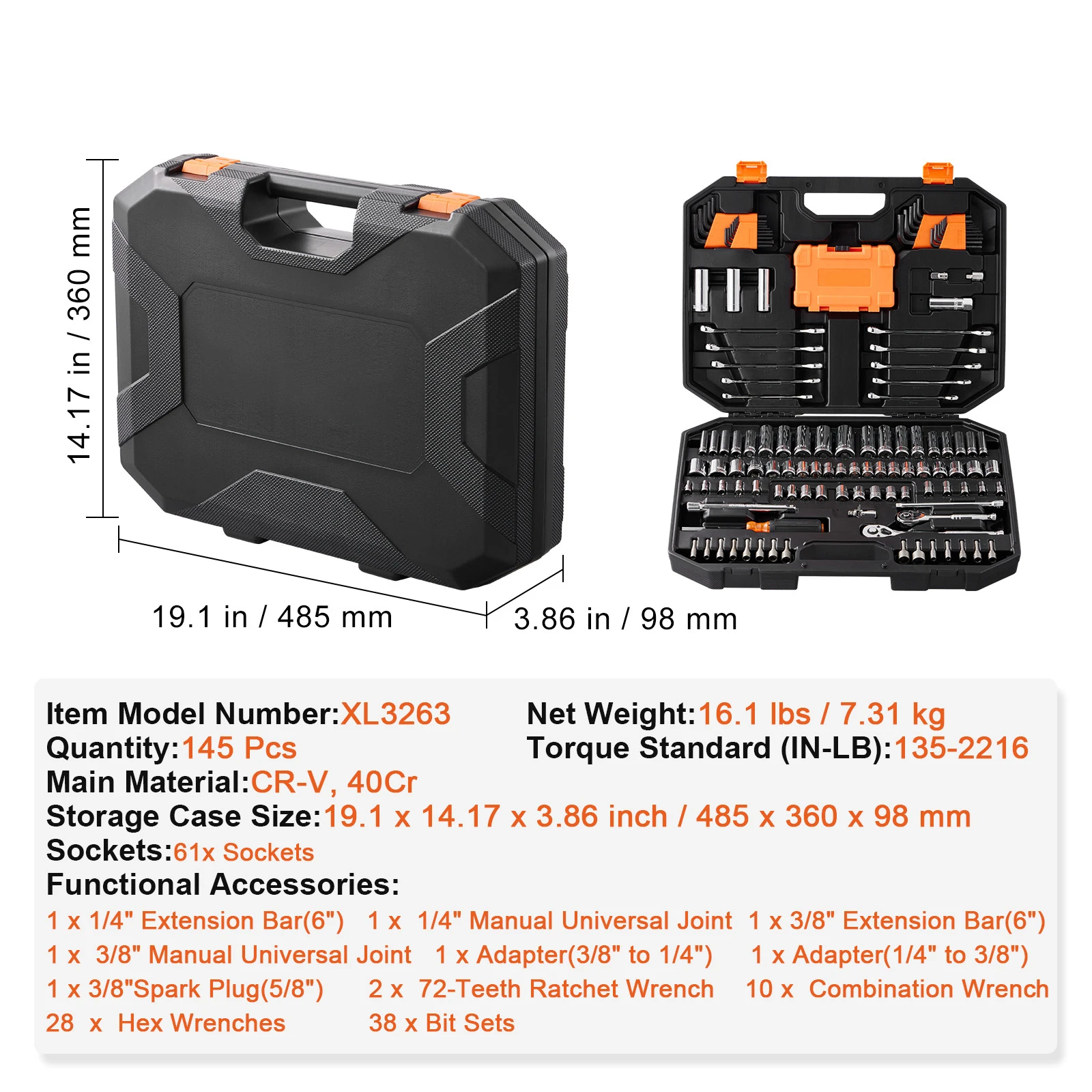 SucceBuy Mechanics Tool Set and Socket Set 1/4" 3/8" 1/2" Drive Deep Standard Sockets 450 Pcs SAE and Metric Mechanic Tool Kit