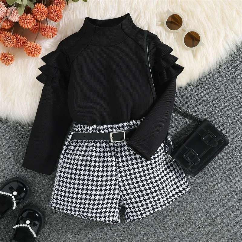 1-6Y Kids Girls Autumn Clothes Set Baby Ruffle Long Sleeve High Neck Ribbed Tops + Houndstooth Short Pant + Belt Children Outfit, kids clothing set,girls clothing set