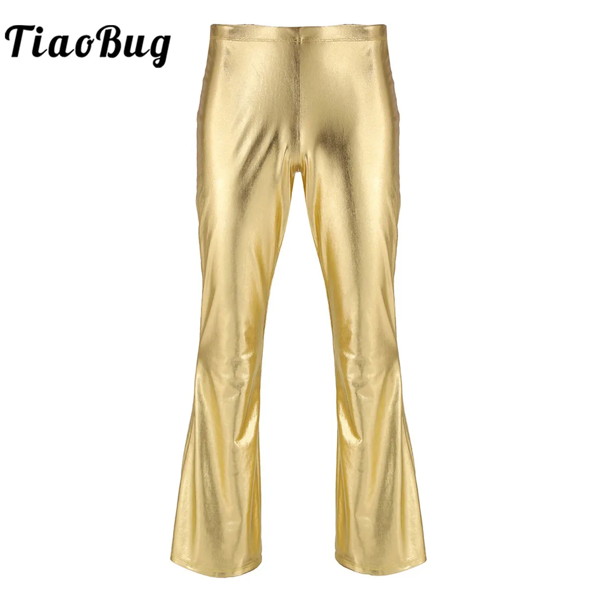 Mens Shiny Metallic Flared Long Pants Punk Bell Bottom Disco Flare