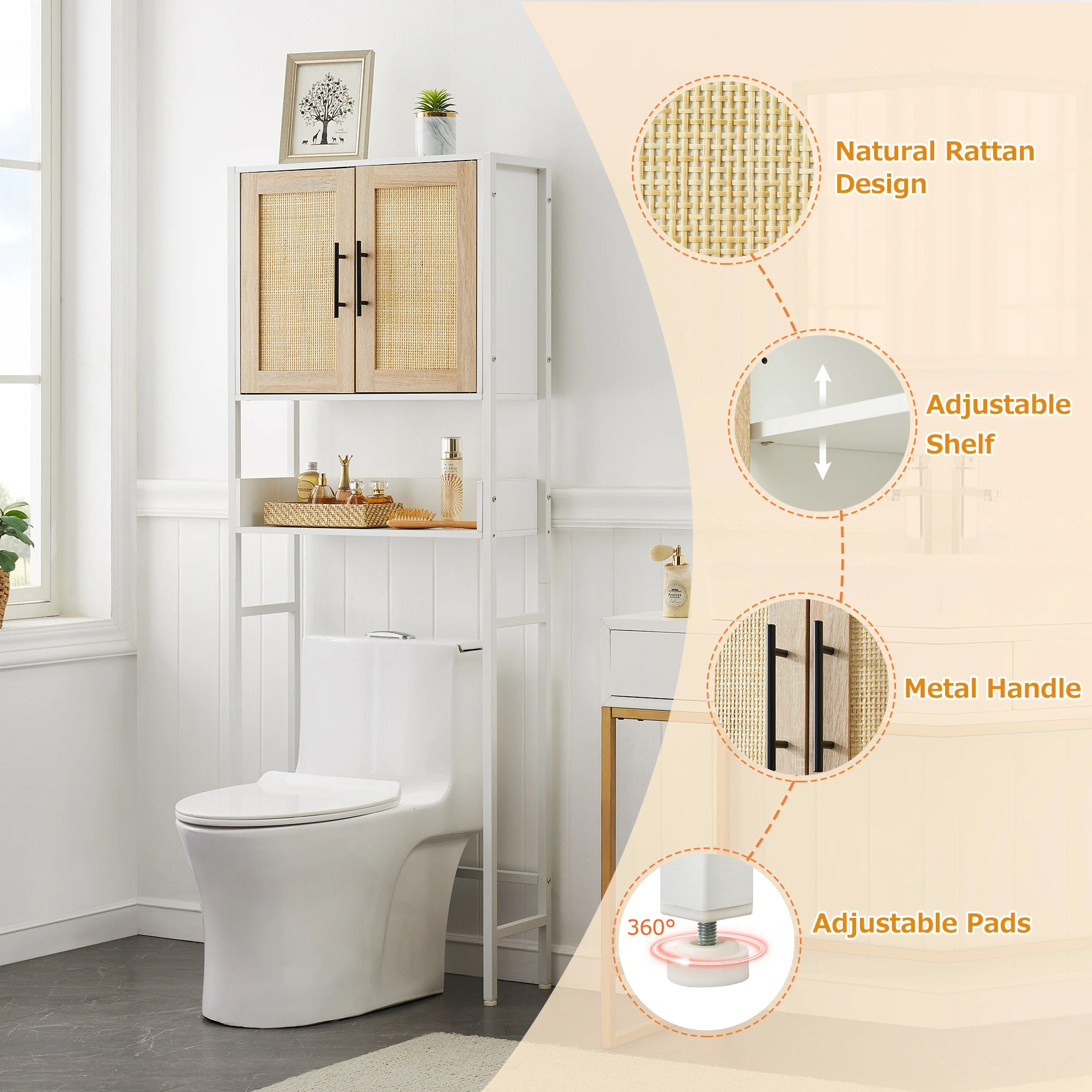 Over The Toilet Storage Cabinet, Bathroom Above Toilet Storage Wood Cabinet with Rattan Door and Adjustable Shelves 4