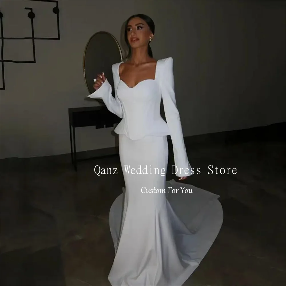 Qanz White Sheath Wedding Dresses Sweetheart Satin Long Sleeves Vestidos De Novia Boda Mermaid Corset Bridal Gowns Customized