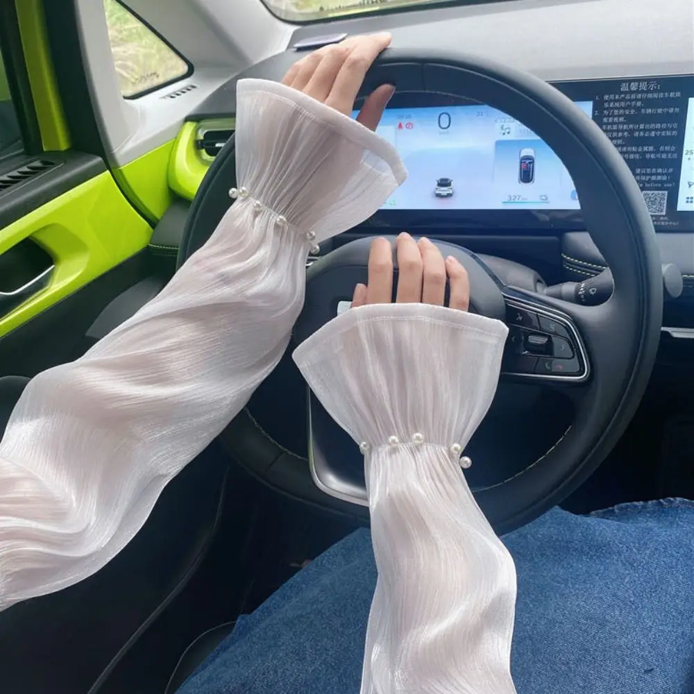 

Summer Sun Protection Ice Silk Sleeves UV Protection for Women Driving Outdoor Lace Transparent Pearl Sunscrean Sleeve Gloves