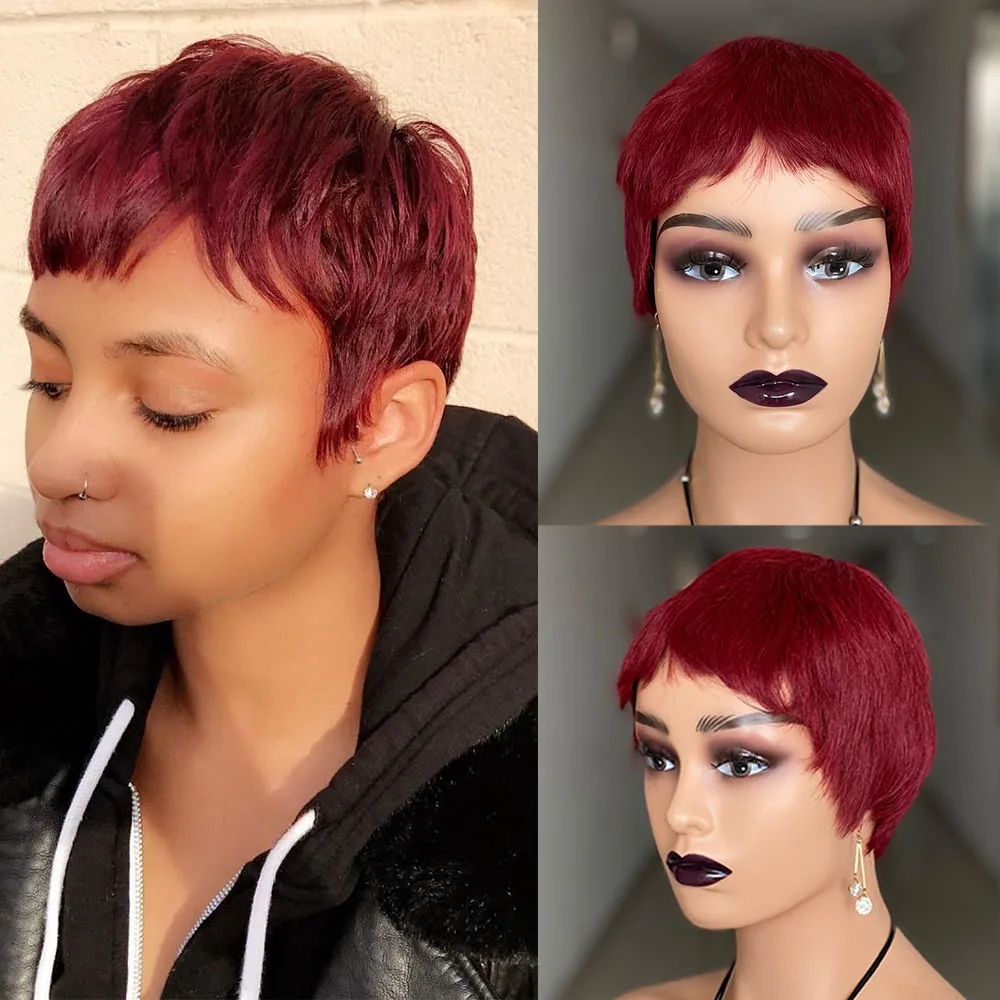 

Pixie Cut perruque cheveux humain Full Machine Made Human Hair Bug Red Colored Glueless Wig Short Bob Cheap Human Hair Wigs