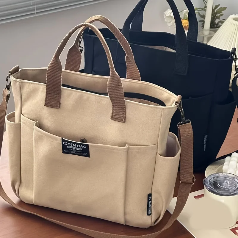 Large Capacity Canvas Tote Bag Women Durable Water-Resistant Zipper Multiple Pockets Portable Commuting Shopping Outings Bag