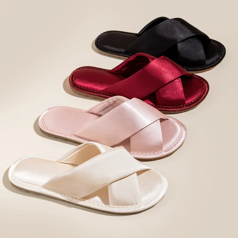 Women Satin Slippers Girls Ladies Indoor Non-slip Soft Bottom Slides Fashion Silk Shoes 1