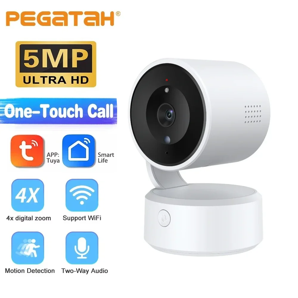 PEGATAH 5MP One-touch Call Indoor Baby Monitor WiFi PTZ Cam Auto Tracking Color Night Vision CCTV Surveillance Camera Tuya APP
