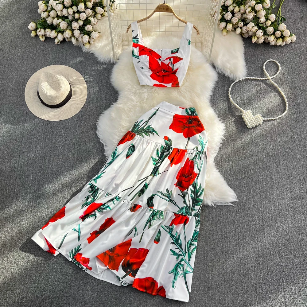 

Summer Fashion Set High Grade Strap Tank Top Two Piece Set High Waist Mid length A-line Printed Half length Skirt