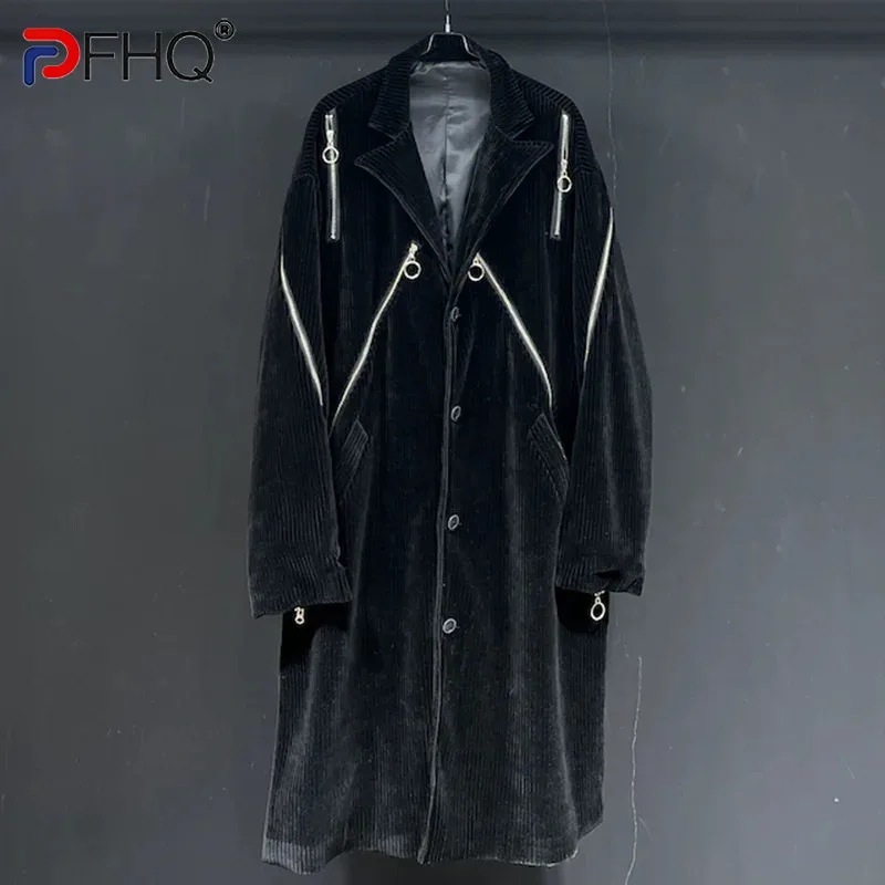 

PFHQ Thick Corduroy Back Zipper Men's Windbreakers Autumn Winter Loose Over Knee Velvet Medium Length Warm Trench Coat 21Z3669