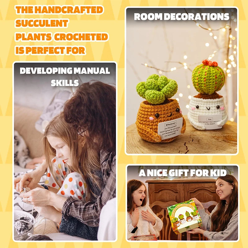 4Pcs Crochet Beginner Kit Cute Cactus Knitting Positive Energy Doll Cactus Potted Plant Knitted Crochet Material Desktop Decor