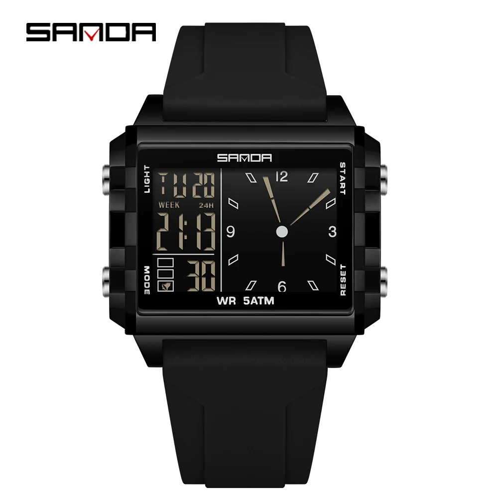 SANDA Unisex Waterproof Square Dial Digital Wristwatch with Countdown Timer and World Time Function