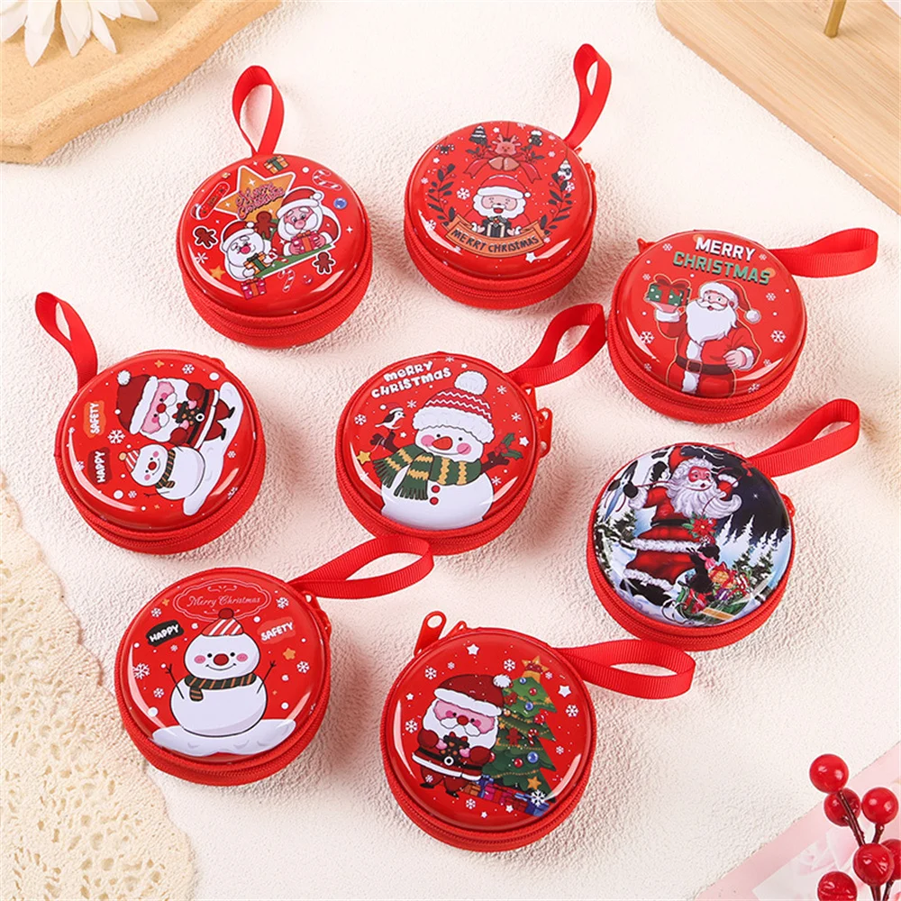 Round Christmas Theme Coin Purse Cute Cartoon Snowman Santa Claus Earphone Case Key Holder New Year's Gift Creative Coin Purse