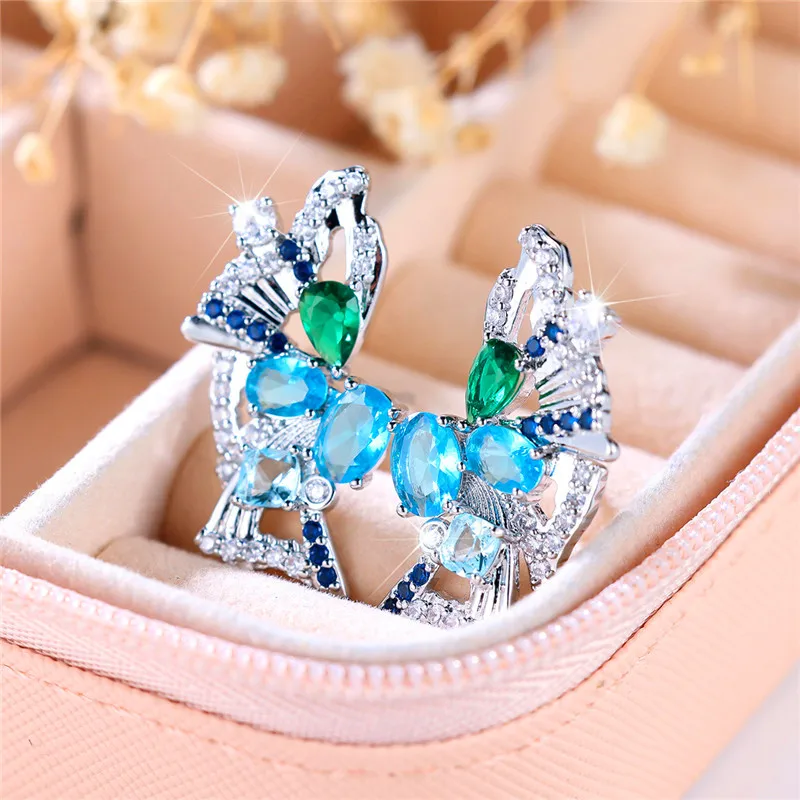 Female Crystal Light Blue Zircon Stone Butterfly Stud Earrings Vintage Silver Color Wedding Jewelry For Women