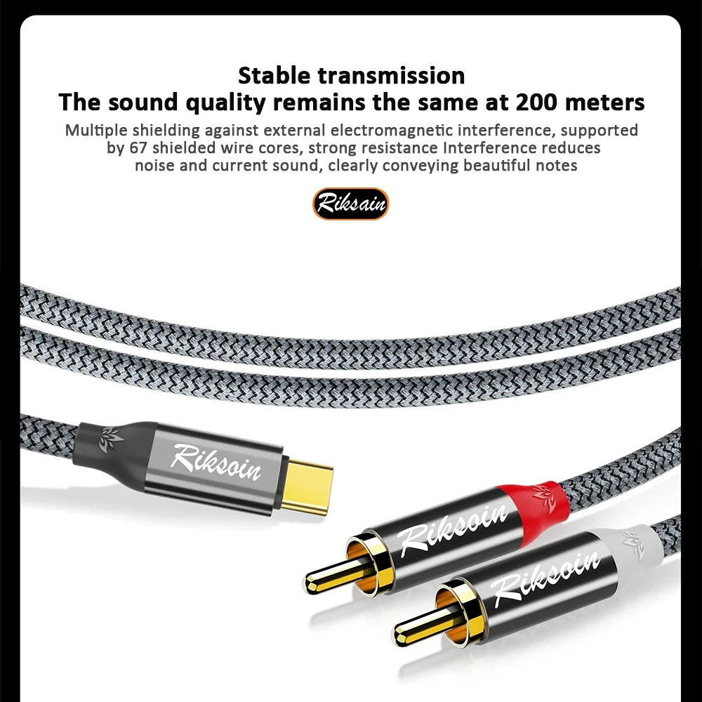 Premium USB-C to 2RCA Audio Adapter with Gold-Plated Connectors for Enhanced Sound Quality