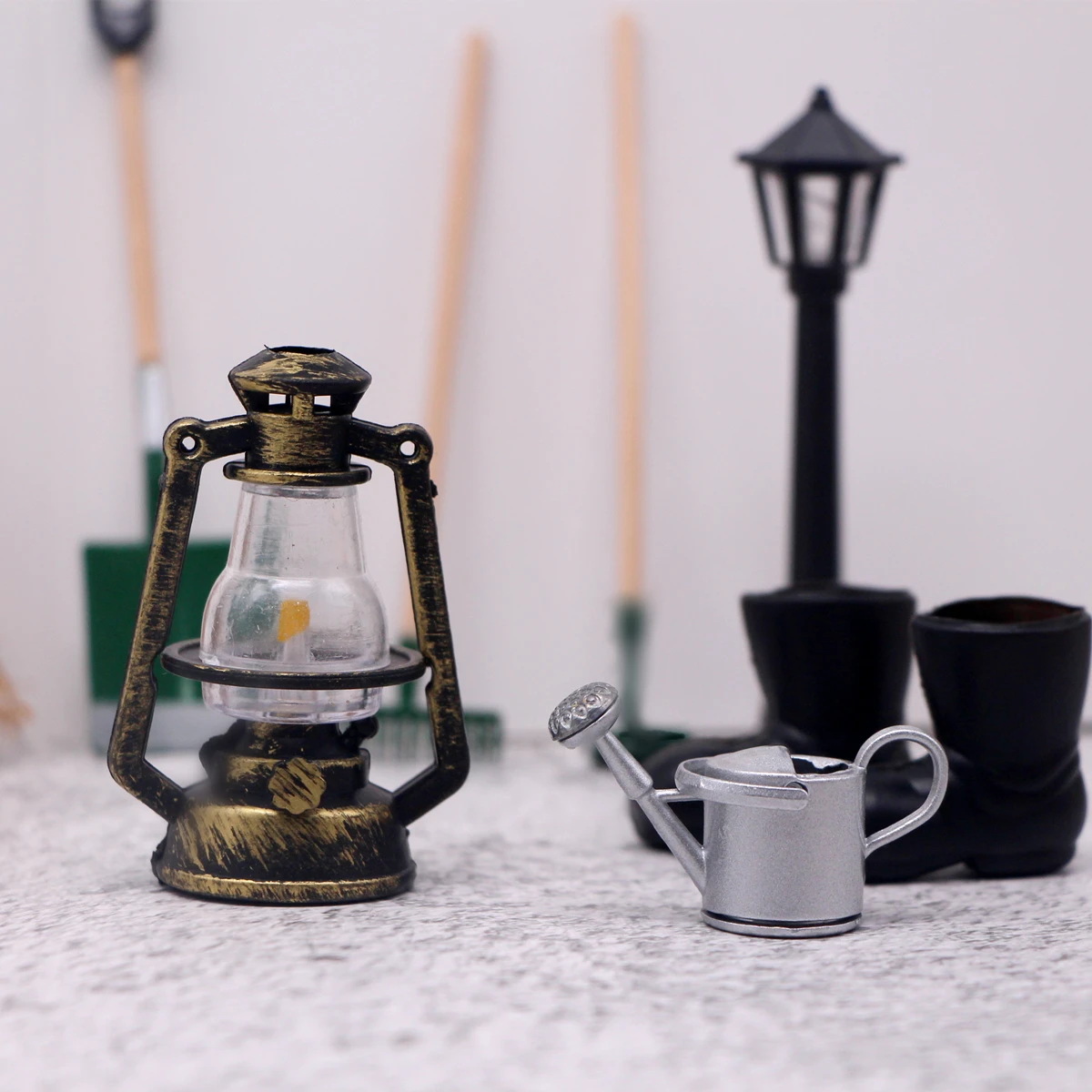 8PCS Miniature Dollhouse Fairy Garden Tools Mini Furniture Broom Kettle Street Lamp Rubber Boots Spade Pestle Rake Ornament Deco