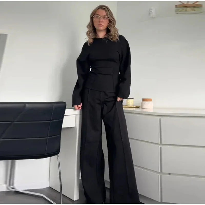 Frauen Kleidung Herbst frauen Mode Passenden Sets Lange ärmeln Oansatz Plissee Top Breite bein Hosen Anzug – Detail 5