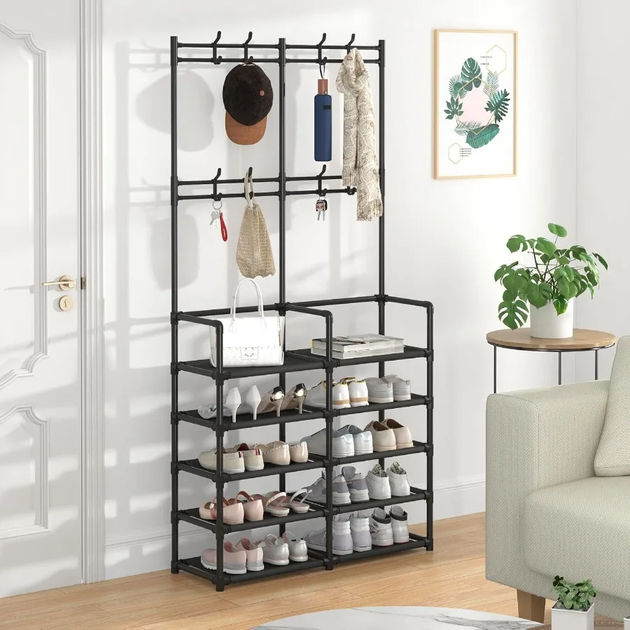 Laiensia 5Tier Entryway Coat Rack Coat and Shoe Rack Entryway Bench Storage Organizer with 8 Hooks for Bedroom Hallway Office B