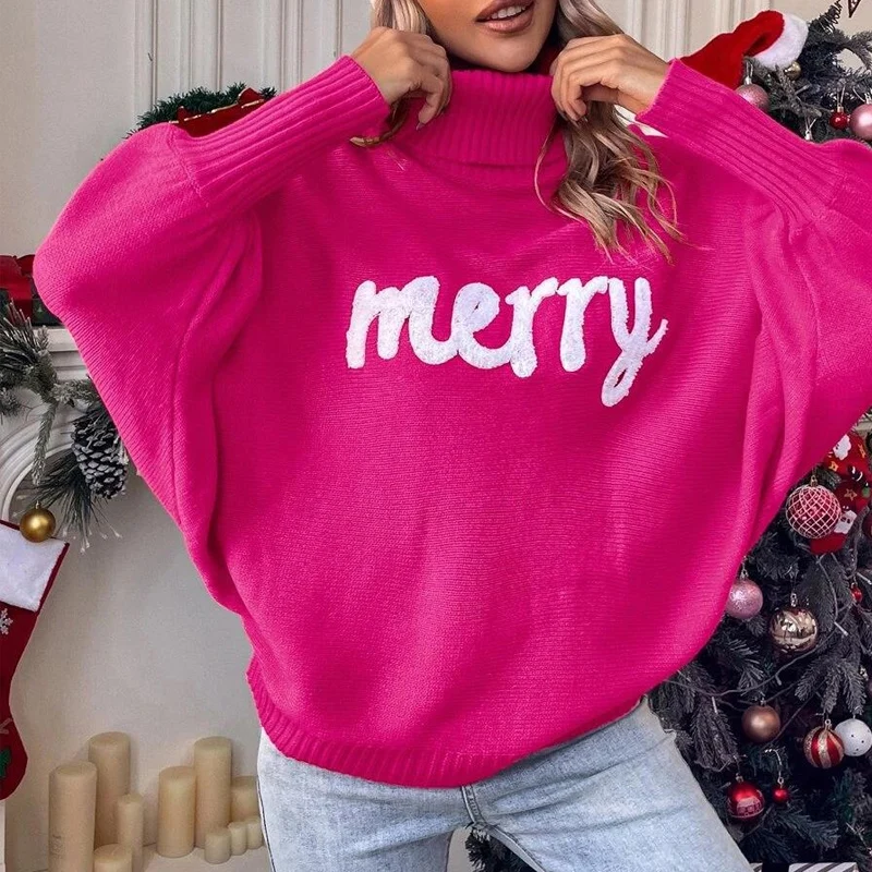

Women Turtleneck Solid Loose Sweater Tops Autumn Winter Batwing Sleeve Knitted Pullover Casual Jacquard Warm Christmas Sweater