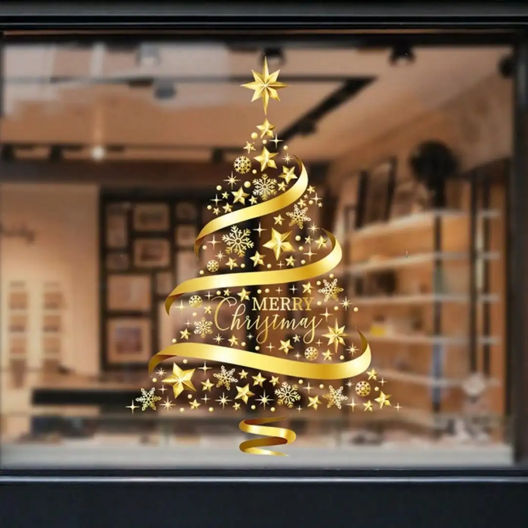 Window Stickers 1pc Gold Christmas Tree Decorative Glass Shop Window Golden Christmas Garland Decoration