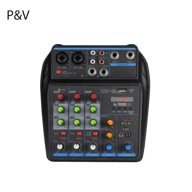 

4 Channel Mixer DJ Mixing Console with Bluetooth 48V Phantom Power Monitor Karaoke System USB Mixer Audio