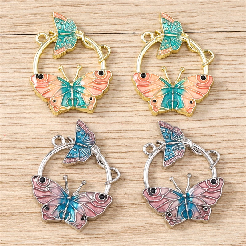 5 Stück 24 x 29 mm niedliche bunte Emaille-Anhänger mit fliegendem Schmetterling für die Herstellung von Halsketten, Ohrringen, Armbändern, DIY-Schmuckzubehör